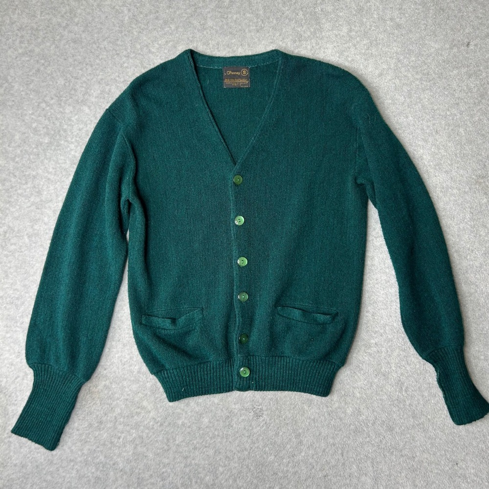 VTG JCPenney Cardigan Sweater Green Orlon Acrylic V-Neck S Retro 80s Unisex